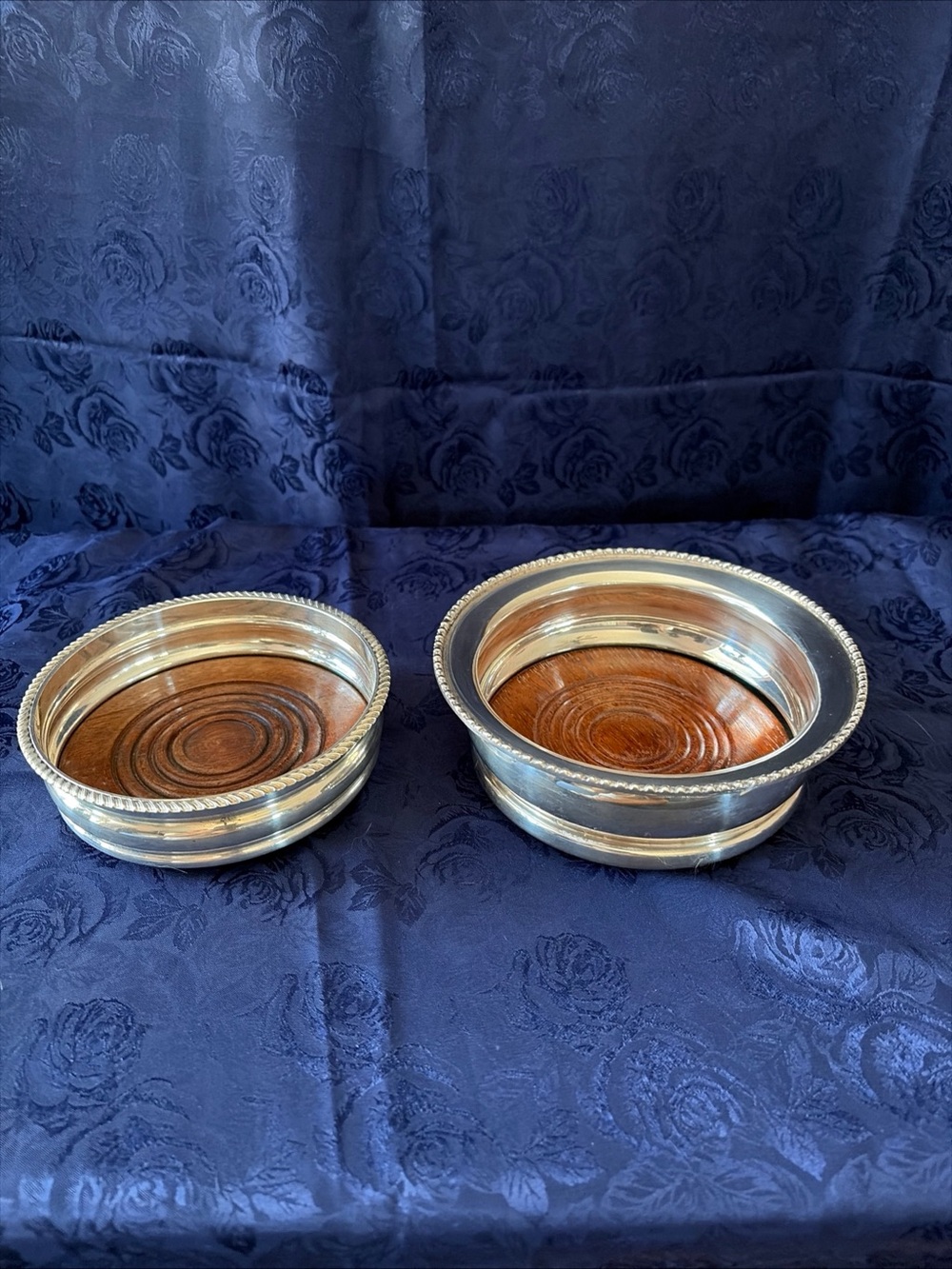 Pair Of Vintage Silver Plated Wine Coasters With Wooden Bases